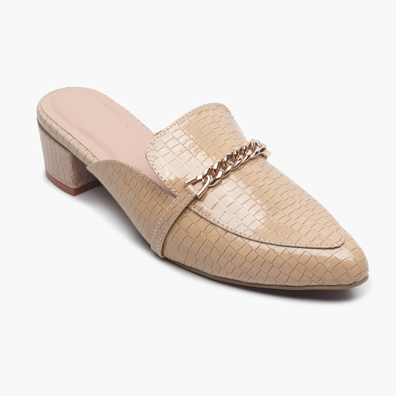 Patent Block Heel Pointed Mules beige side single