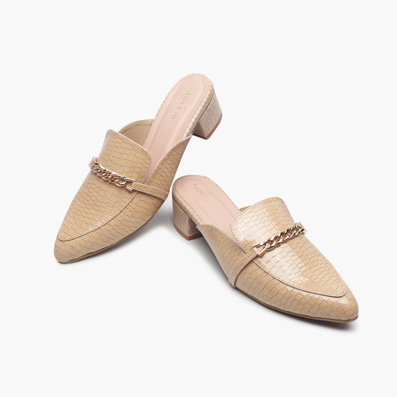 Patent Block Heel Pointed Mules beige