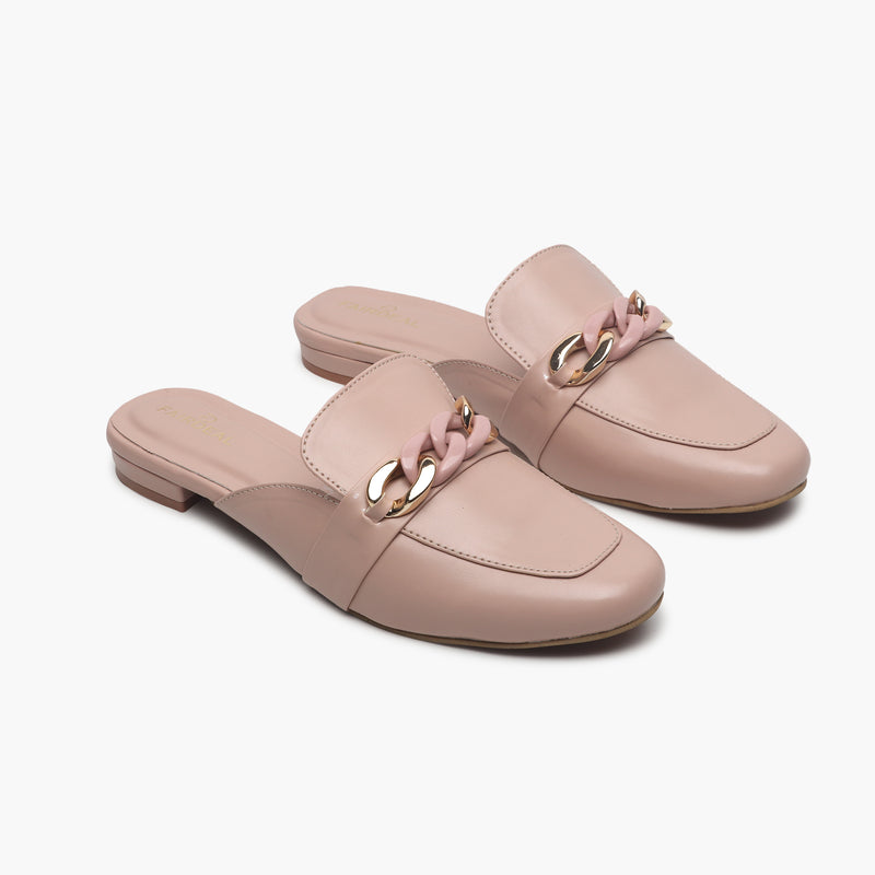 Chainlink Accented Flat Mules pink side angle