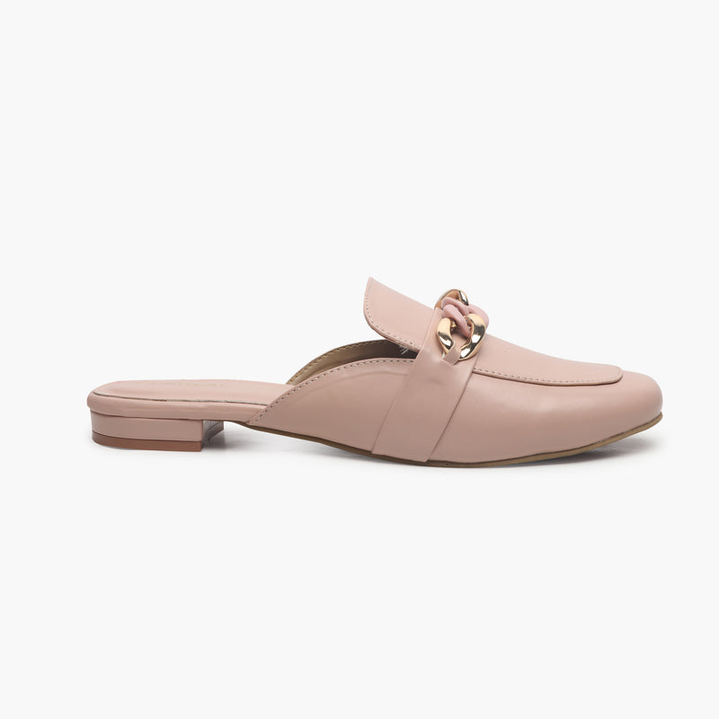 Chainlink Accented Flat Mules pink side profile