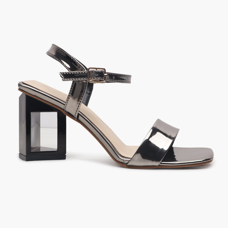 Angular Sculptural Heel Sandals metallic side profile with heel