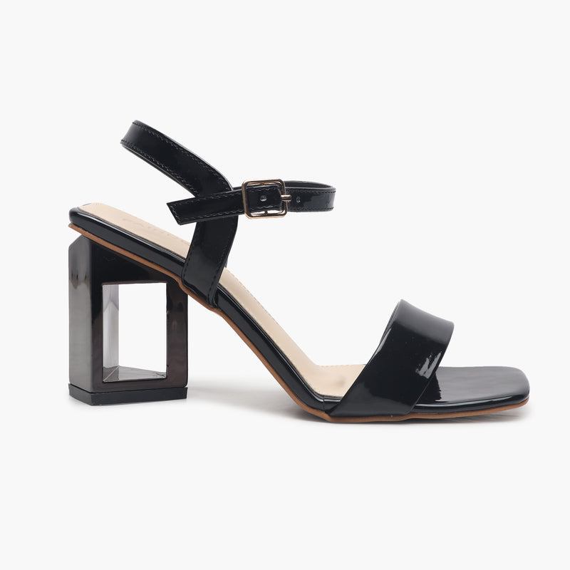 Angular Sculptural Heel Sandals black side profile with heel