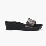 Snake Print Studded Wedges black side profile with heel