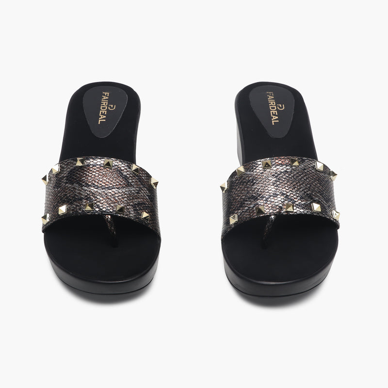 Snake Print Studded Wedges black front