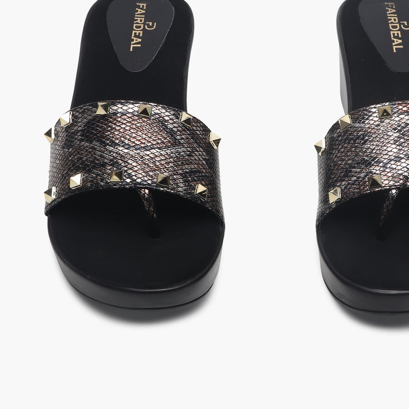 Snake Print Studded Wedges black front zoom