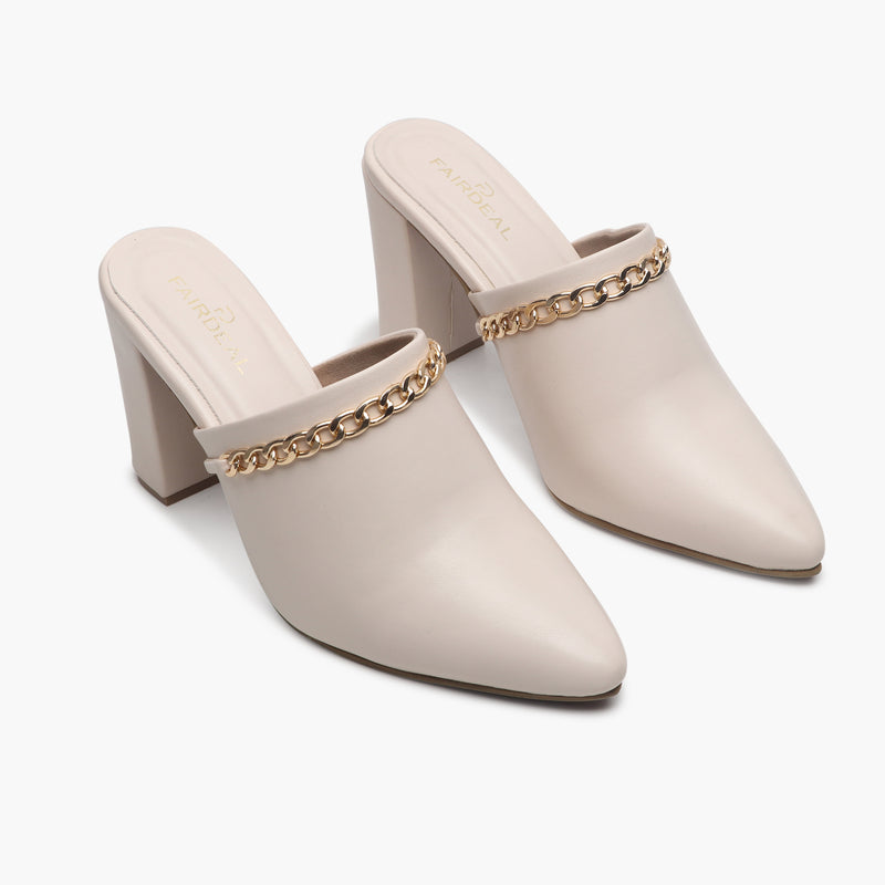 Chain Accented Pointed Mules cream side angle