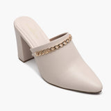 Chain Accented Pointed Mules cream side single