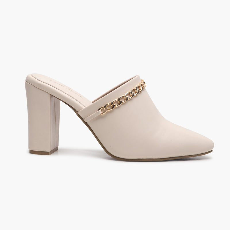 Chain Accented Pointed Mules cream side profile with heel