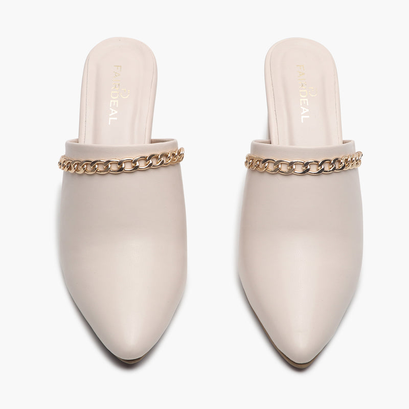 Chain Accented Pointed Mules cream front