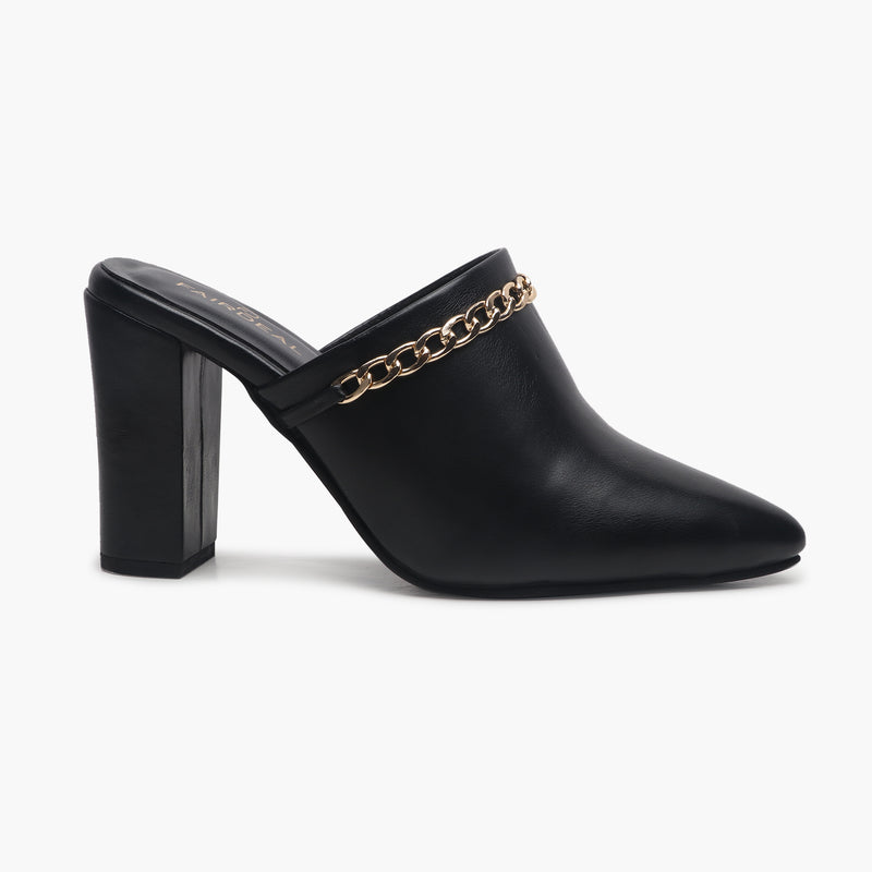 Chain Accented Pointed Mules black side profile with heel