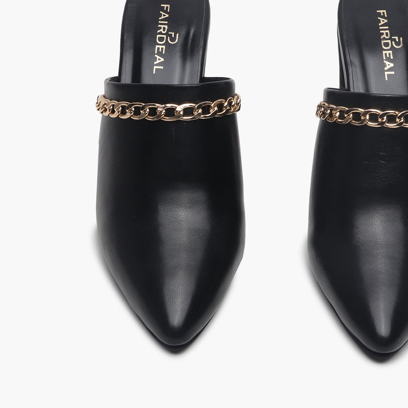 Chain Accented Pointed Mules black front zoom