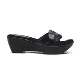 Shimmery Symmetric Strap Wedges black side profile with heel
