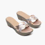 Shimmery Symmetric Strap Wedges pink side angle