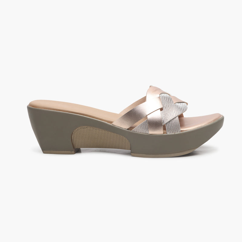 Shimmery Symmetric Strap Wedges pink side profile with heel