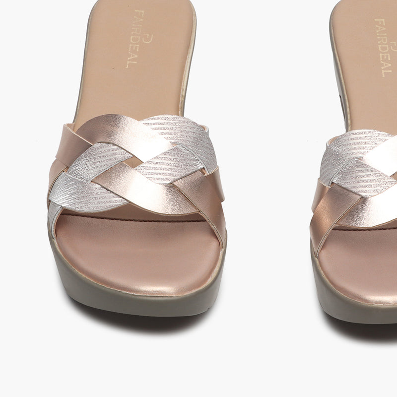 Shimmery Symmetric Strap Wedges pink front zoom