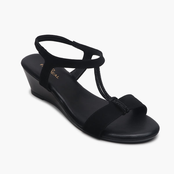 T Bar Chainstring Wedge Sandals black side single