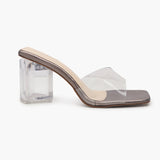 Sculptural Acrylic Heels Slip ons metallic side profile with heel