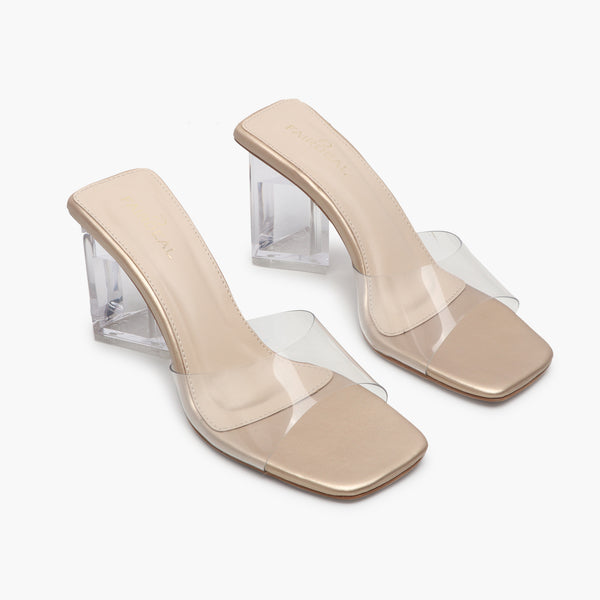 Sculptural Acrylic Heels Slip ons gold side angle