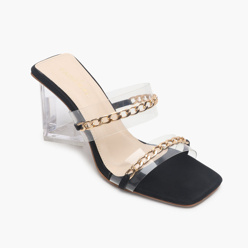 Sculptural Acrylic Heels with Chainlink Embellishment black side single