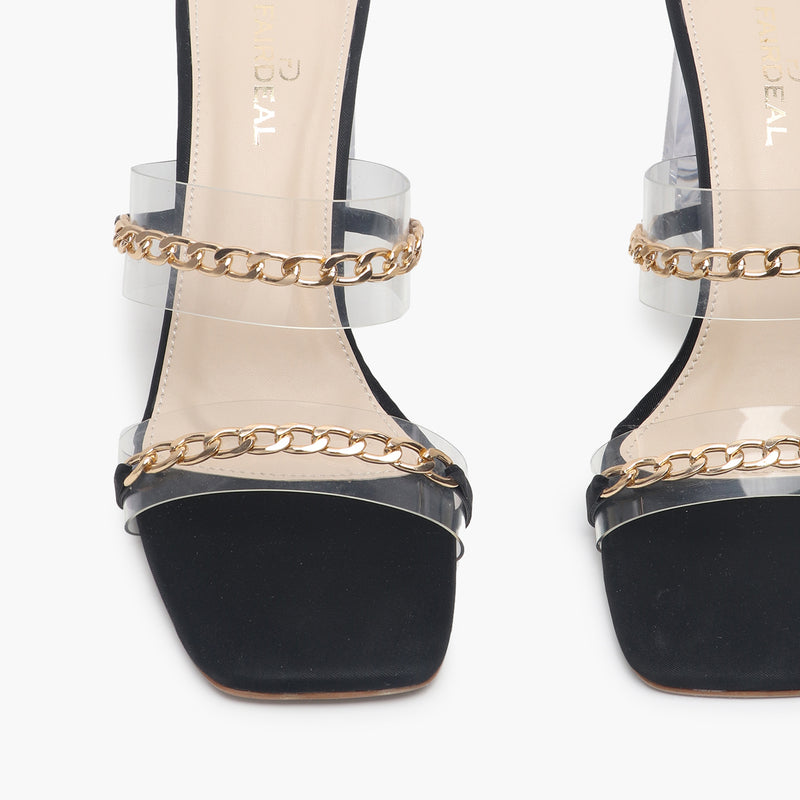 Sculptural Acrylic Heels with Chainlink Embellishment black front zoom