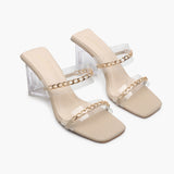 Sculptural Acrylic Heels with Chainlink Embellishment cream side angle