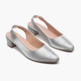 Closed Toe Backstrap Mules silver side angle