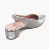 Closed Toe Backstrap Mules silver back