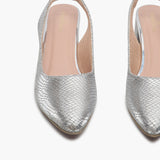 Closed Toe Backstrap Mules silver front zoom