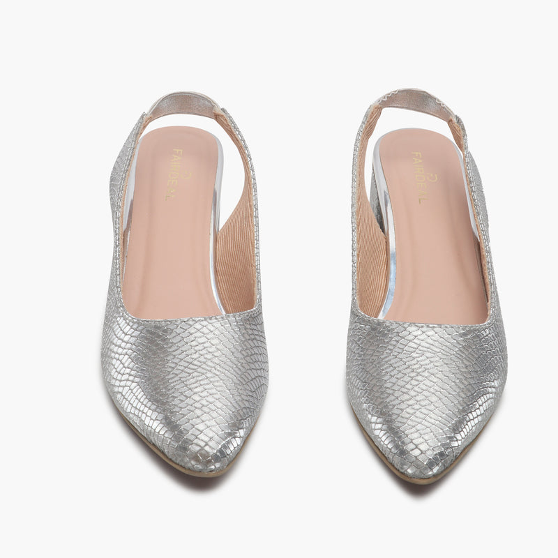 Closed Toe Backstrap Mules silver front