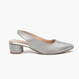 Closed Toe Backstrap Mules silver side profile with heel