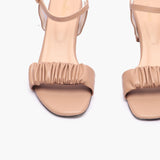 Ruched Block Heel Sandals beige front angle zoomed in