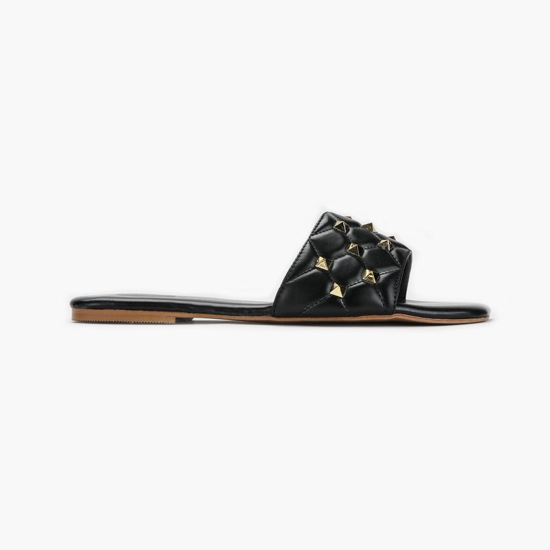 Quilted Studded Slides black side profile with heel