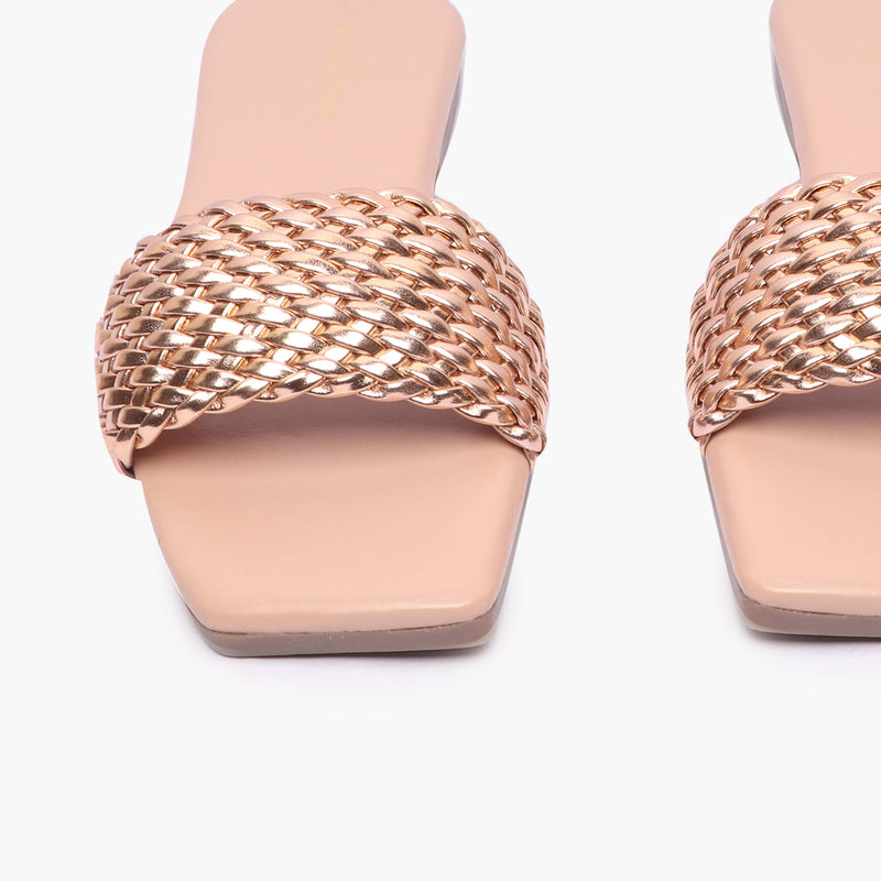 Weaved Flats rose gold front angle zoomed in