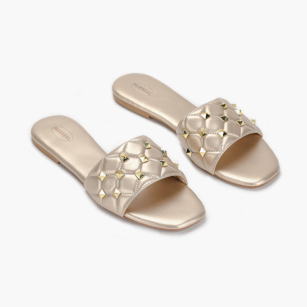 Quilted Studded Slides gold side angle