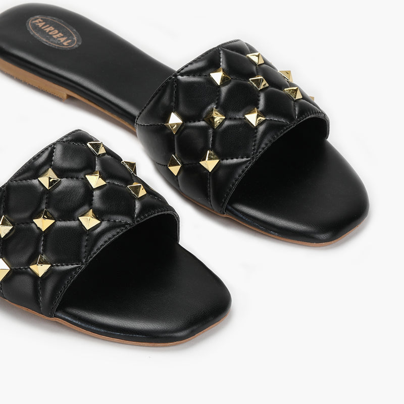 Quilted Studded Slides black side angle zoom