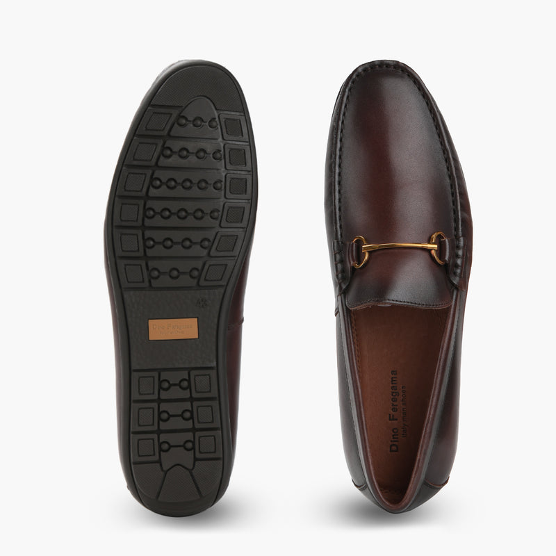 Bit Detailed Burnished Leather Loafers brown front and sole