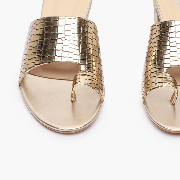 Snakeprint Opentoe Slides gold front angle zoomed in