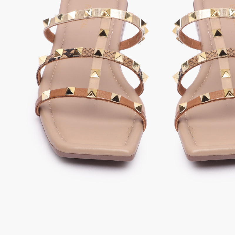 Strappy Studded Flats tan front angle zoomed in