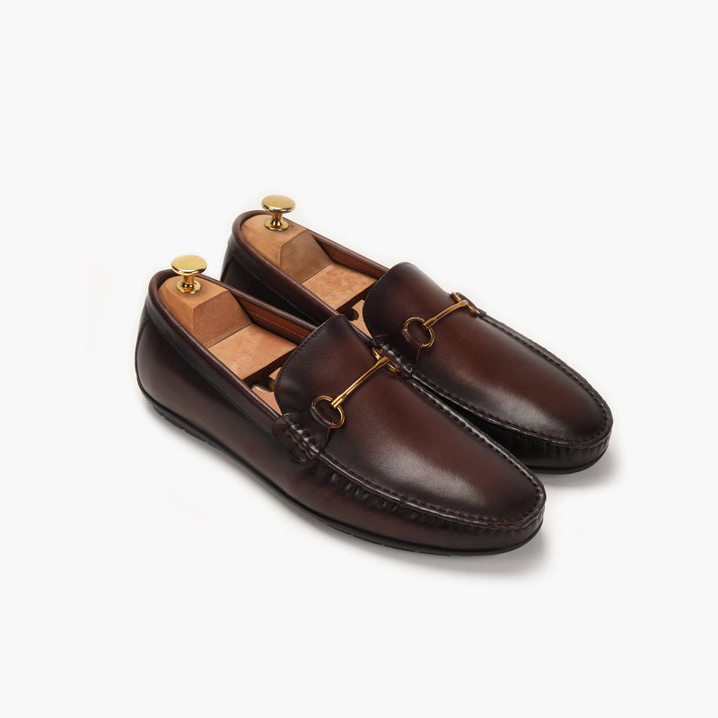 Bit Detailed Burnished Leather Loafers brown side angle