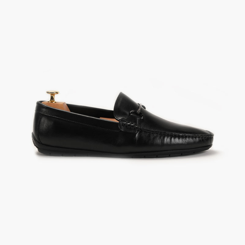 Bit Detailed Burnished Leather Loafers black side profile with heel