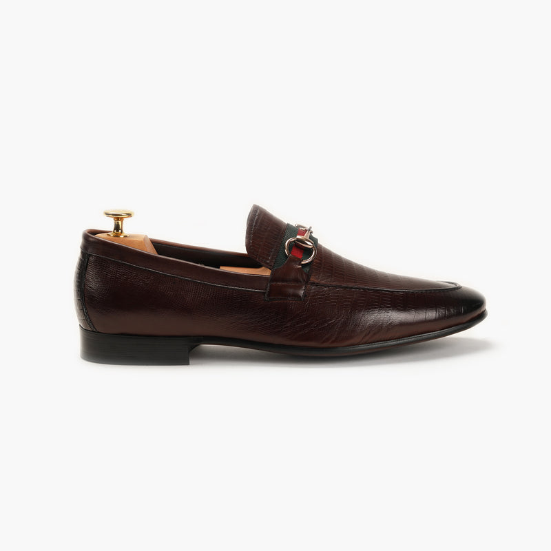 Strap Detail Horsebit Moccasins cognac side profile with heel