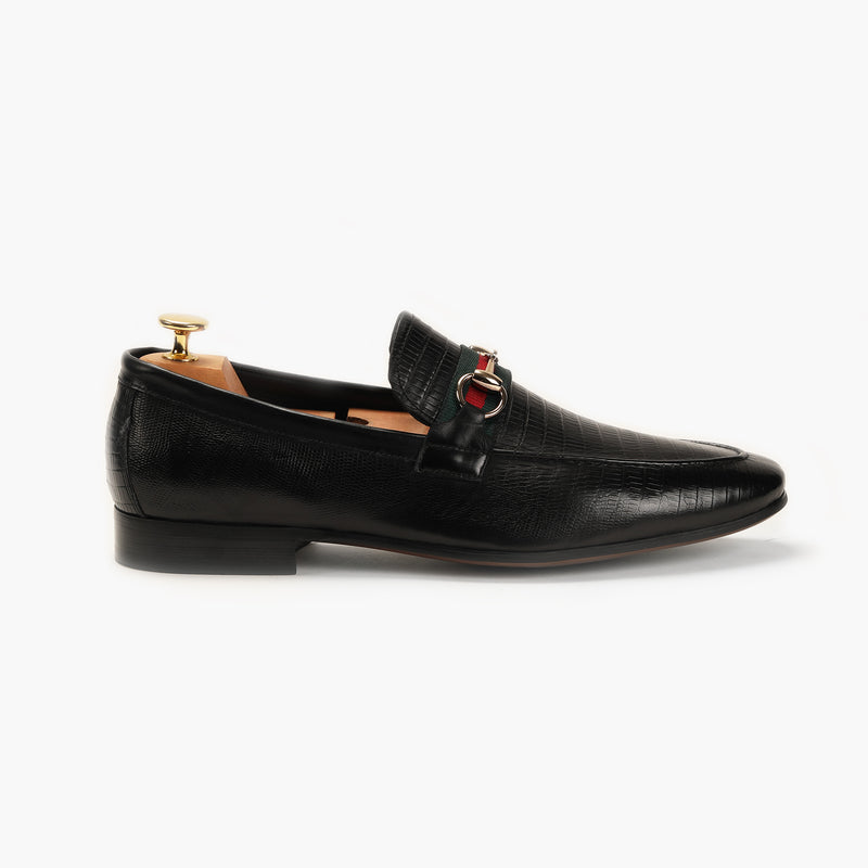 Strap Detail Horsebit Moccasins black side profile with heel