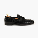 Croc Effect Tassle Moccasins black side profile with heel