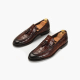 Croc Effect Tassle Moccasins cognac opposite side angle