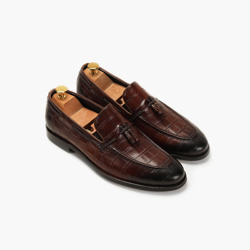 Croc Effect Tassle Moccasins cognac side angle