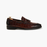 Croc Effect Tassle Moccasins cognac side profile with heel