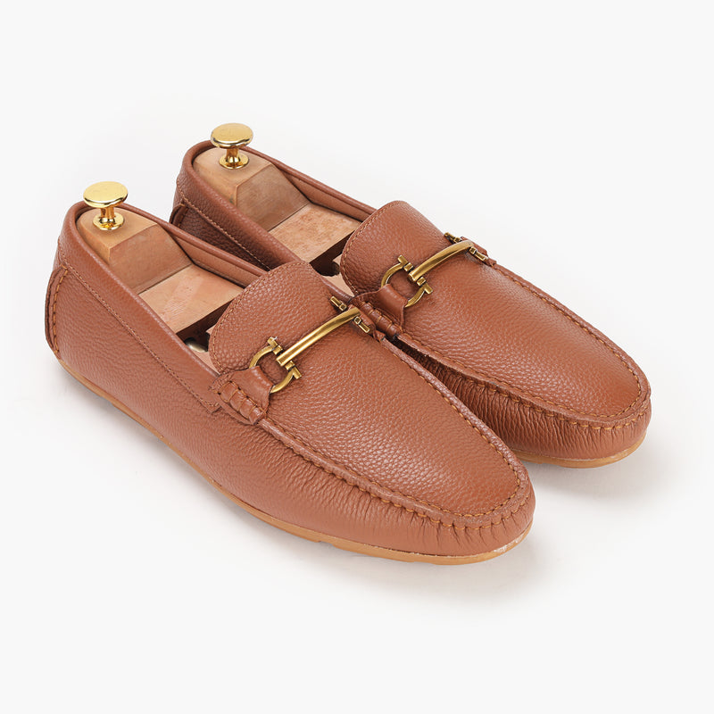 Horsebit Gold Buckle Loafers tan side angle