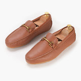 Horsebit Gold Buckle Loafers tan opposite side angle