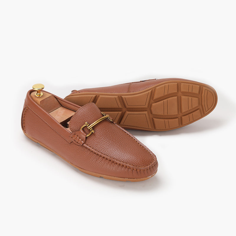 Horsebit Gold Buckle Loafers tan side and sole