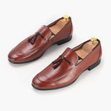 Burnished Leather Tassled Slip Ons brown opposite side angle